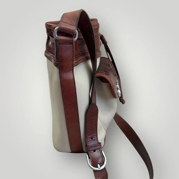 Brighton Vintage Leather Cross Body Shoulder Bucket Bag Cream Brown Drawstring - Picture 6 of 16